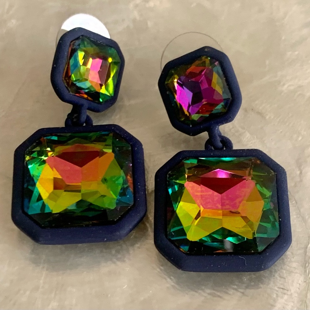 Iridescent Rhinestone Hanging Double Drop Earrings Post Back New W/O Tag